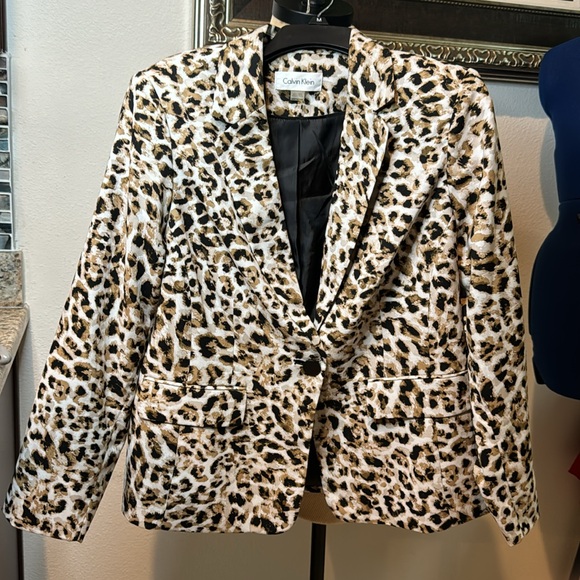 jacket, Calvin Klein leopard animal pattern lined 14W faux pockets office casual - Picture 1 of 9